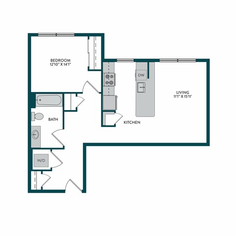 Floor plan for 1 bed, 1 bath, 643 sqft